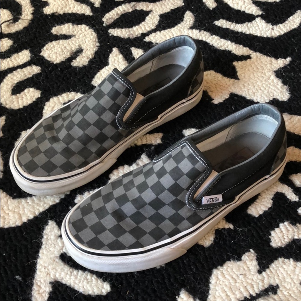 grey checkerboard slip on vans